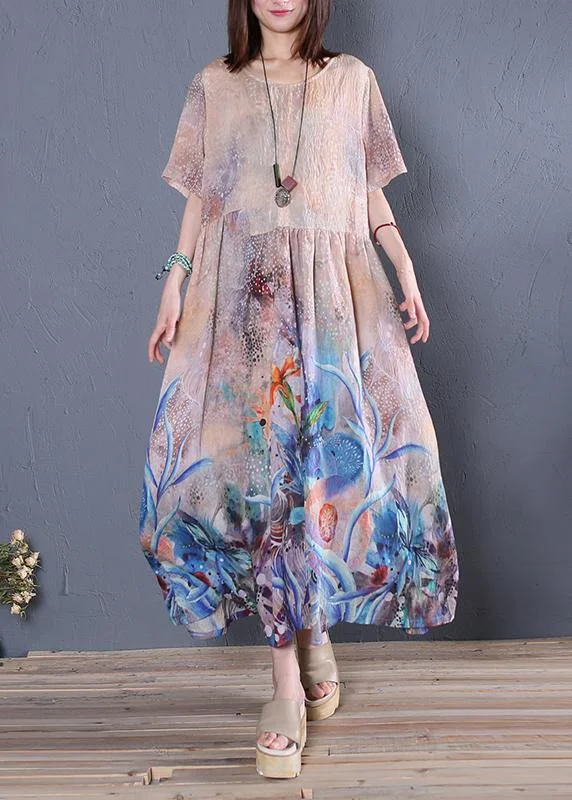 Extra Discounts party dressLoose o neck Cinched linen summer clothes Sleeve blue print Dress