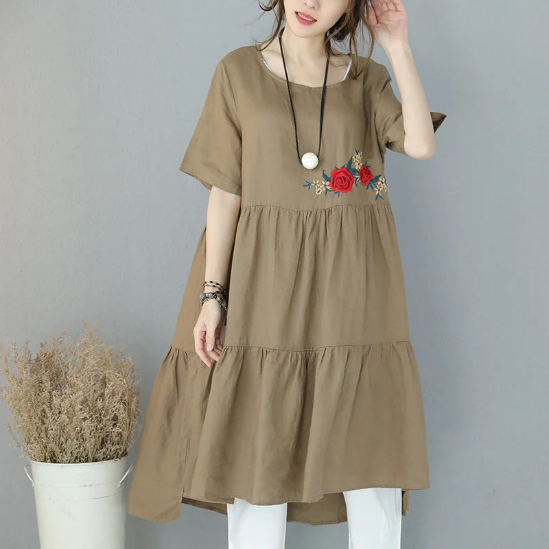 Savings Galore statement dressNew khaki natural linen dress trendy plus size embroidery linen clothing dress 2018short sleeve caftans
