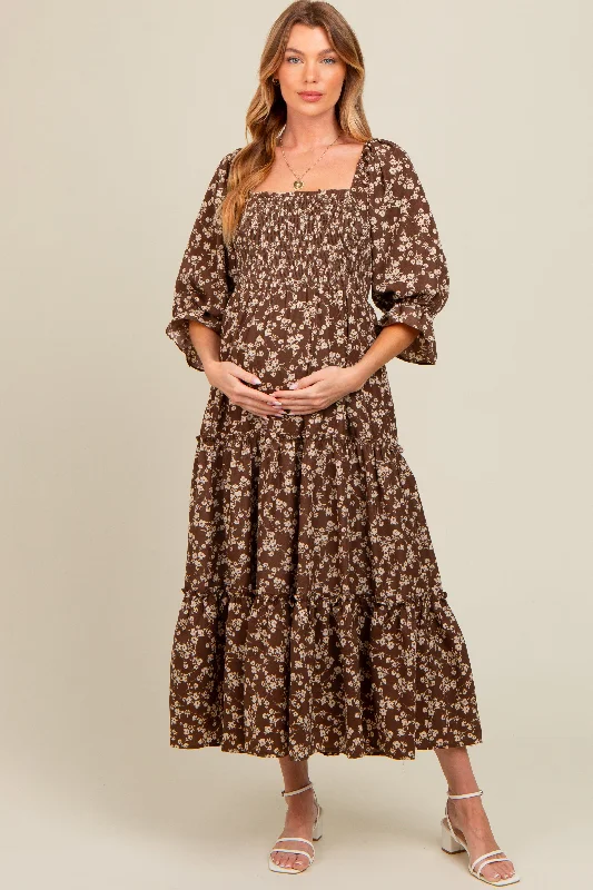 Get It Before It’s Gone satin midi dressBrown Smocked Tiered Pocketed Maternity Midi Dress