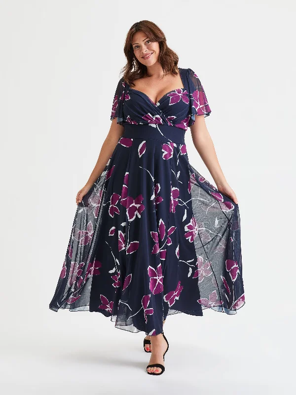 Big Discounts denim dressKemi Navy Magenta Print Bolero Wrap Bodice Maxi Gown
