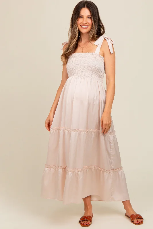 Fantastic Offers boho dressBeige Satin Smocked Maternity Maxi Dress