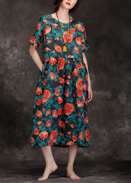 Price Drop flowy evening dressLoose black print linen Long Shirts Fitted Wardrobes v neck Cinched long Summer Dresses