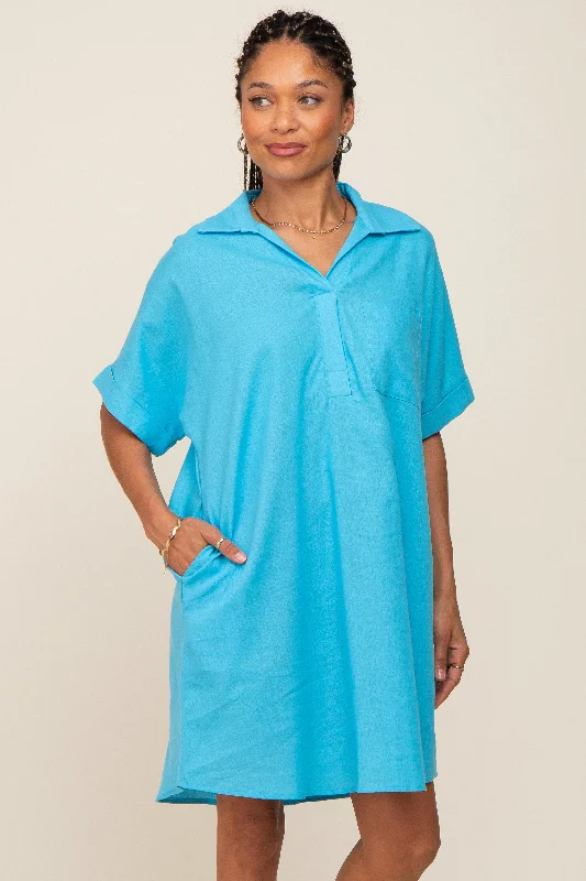 Daily Deals one-shoulder dressLight Blue Linen Collared Front Pocket Short Sleeve Dress