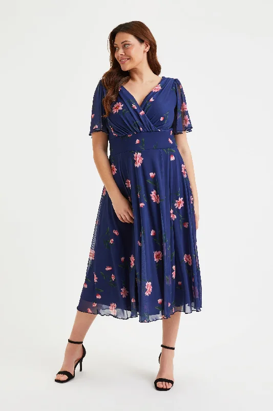 One-DAY Sale floral dressVictoria Navy Pink Flower Angel Sleeve Mesh Long Midi Dress