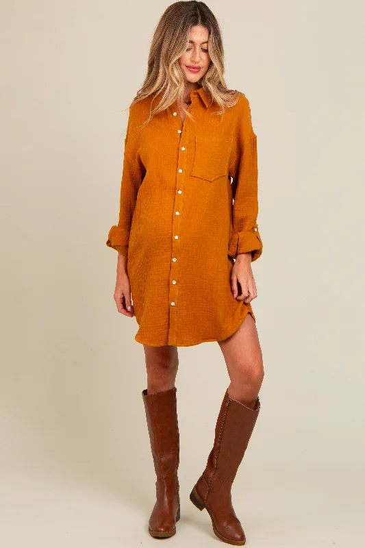 Year-End Sale wrap dressCamel Rolled Cuff Maternity Button Down Dress