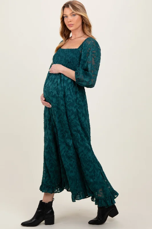 Midnight Sale wool dressForest Green Textured Overlay Smocked Ruffled Hem Maternity Maxi Dress