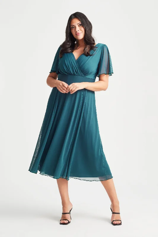 Huge Savings wrap-around dressVictoria Teal Blue Angel Sleeve Mesh Midi Dress