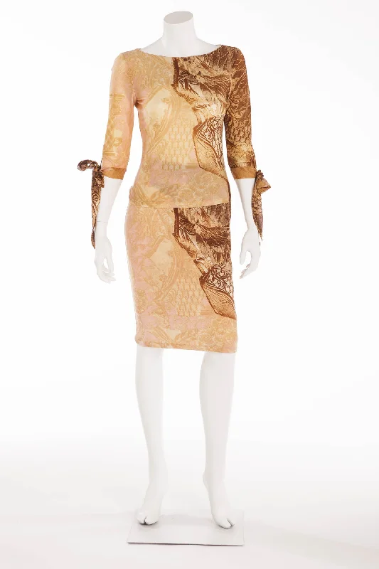 Mega Sale Roberto Cavalli - 2PC 3/4 Sleeve Cream and Brown Print Top & Skirt - S
