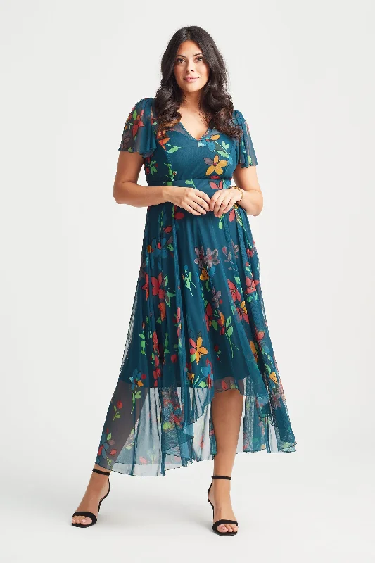 New Markdowns backless dressTilly Teal Red Print Angel Sleeve Sweetheart Dress