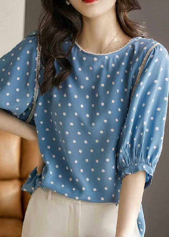 Exclusive Savings Vintage Blue O-Neck Dot Print Silk Blouse Tops Summer LY0384