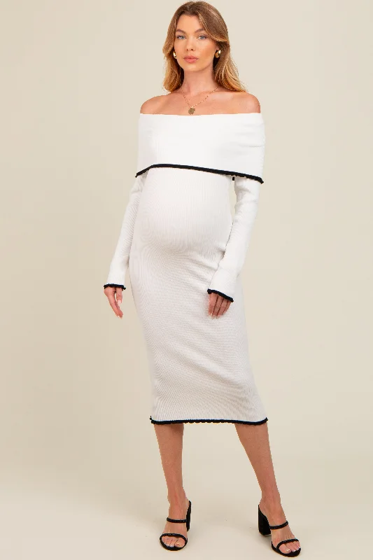 Grand Opening Sale ruched dressIvory Knit Off Shoulder Contrast Ruffle Trim Maternity Dress
