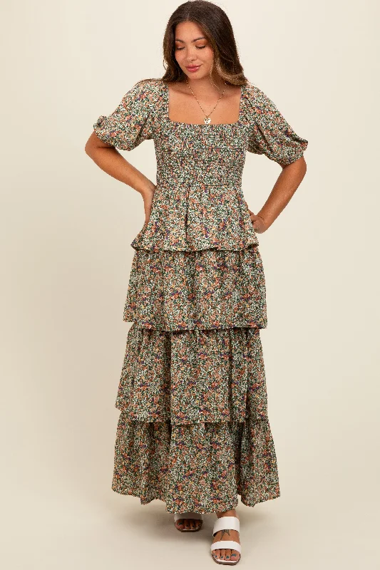 Members Only casual day dressGreen Floral Print Ruffle Tiered Maternity Midi Dress
