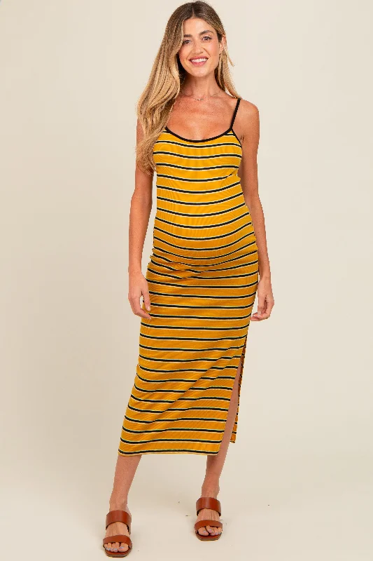 Fantastic Deals spaghetti strap dressYellow Striped Ribbed Side Slit Maternity Midi Dress