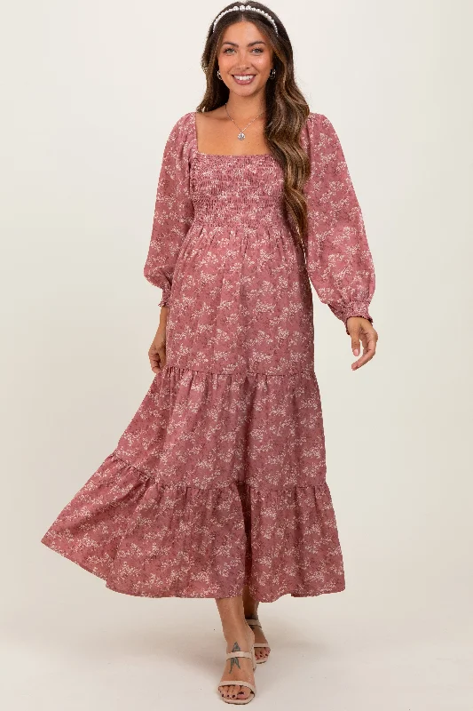 Mega Sale casual day dressMauve Floral Smocked Square Neck Maternity Maxi Dress