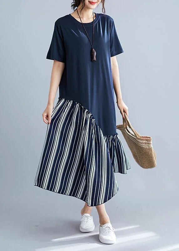 Mega Sale chic dressModern short sleeve cotton dresses Tutorials blue patchwork Robe Dress summer