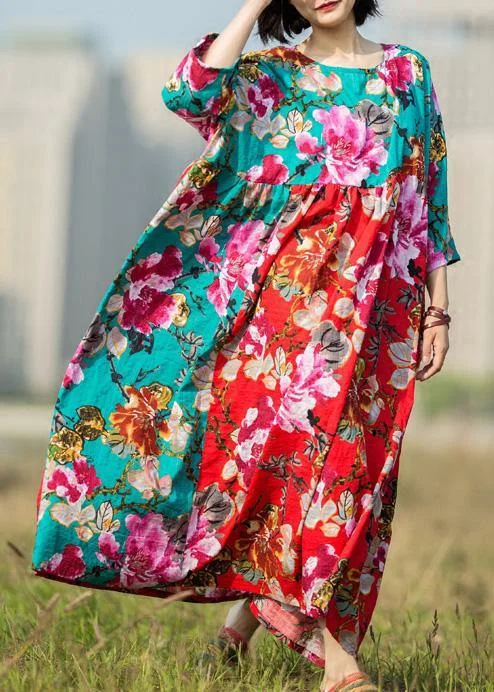 Midnight Sale casual shift dressFrench patchwork o neck linen dresses Inspiration red green print Dress summer