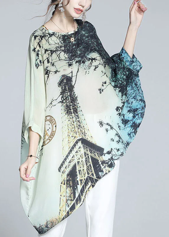 Major Savings Loose Colorblock O-Neck Asymmetrical Print Silk Batwing Shirt Tops Summer LY0123