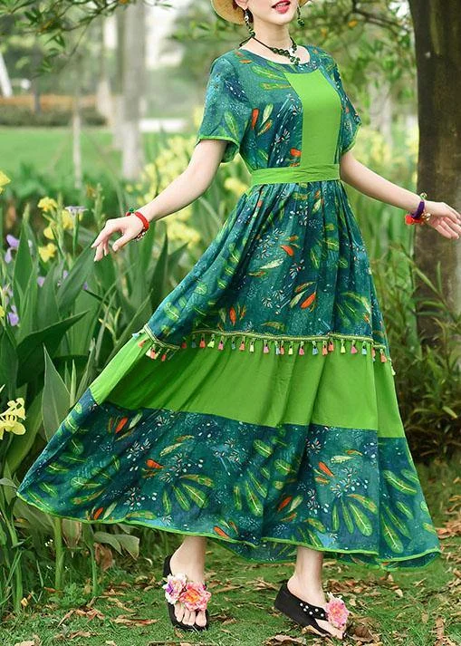 Deal Mania relaxed fit dressLoose green print cotton Tunics o neck patchwork tassel Art summer Dresses