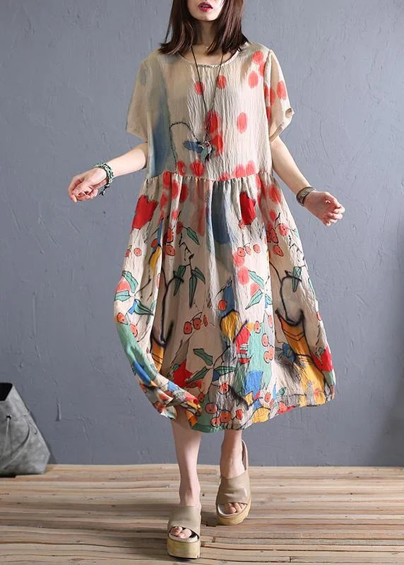 Deal Dash elegant maxi dress100% khaki print cotton Tunics o neck Cinched cotton robes Dresses
