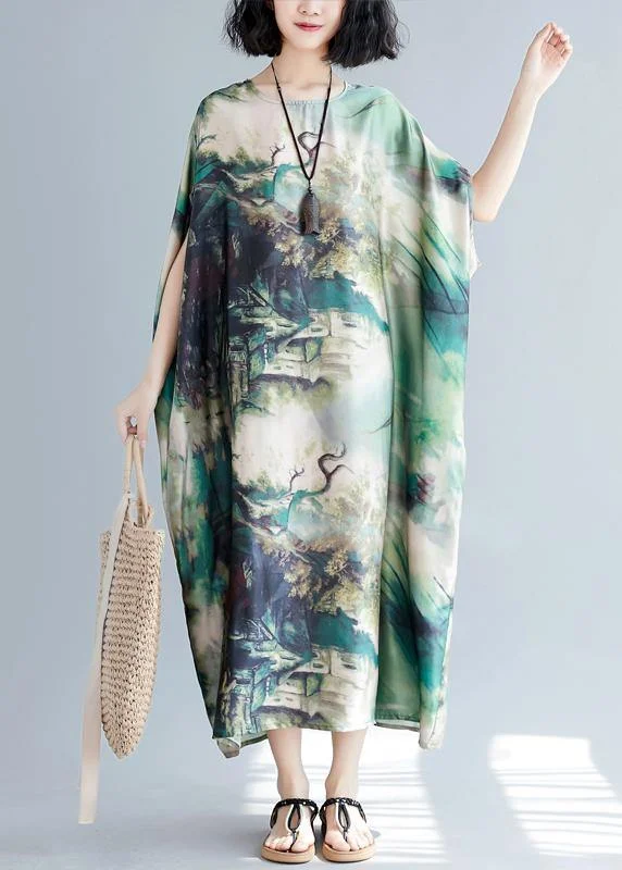 Great Bargains boho-chic dressFrench green print clothes Women o neck batwing sleeve Traveling summer Dresses