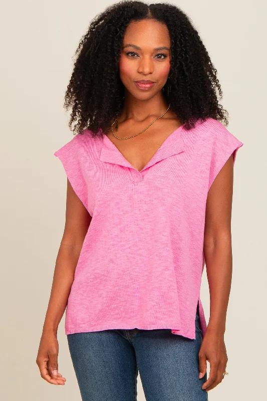 New Markdowns knit dressPink Two Tone Split V-Neck Dolman Short Sleeve Top