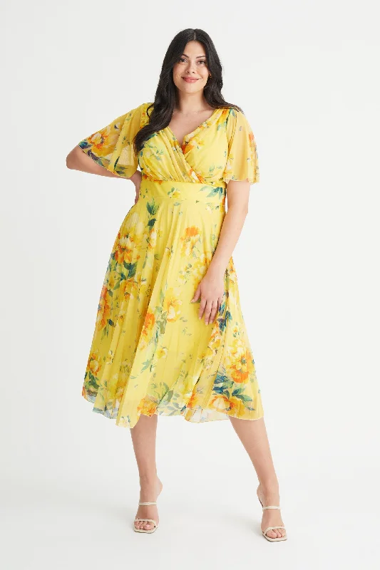 Deal Explosion casual day dressCarole Yellow Multi Floral Print Wrap Bodice Sunray Pleated Skirt Midi Dress