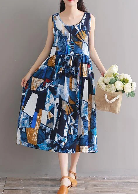 Deal Dash trendy bodycon dressModern blue floral linen cotton clothes For Women tie waist loose summer Dress