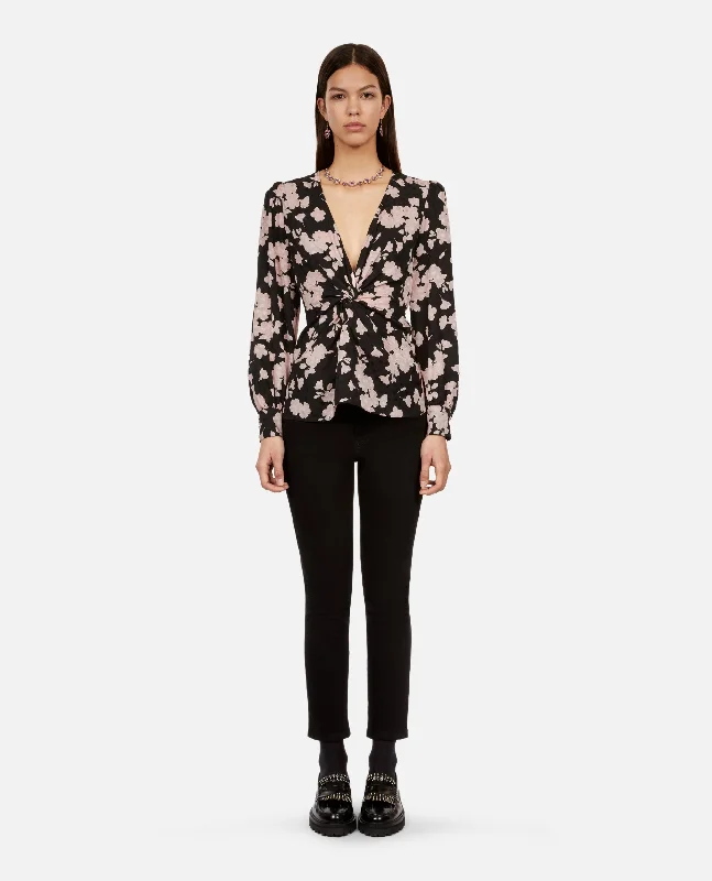 Fantastic Offers Floral Print Top With Draping Front Twist | Women | Black x Pink