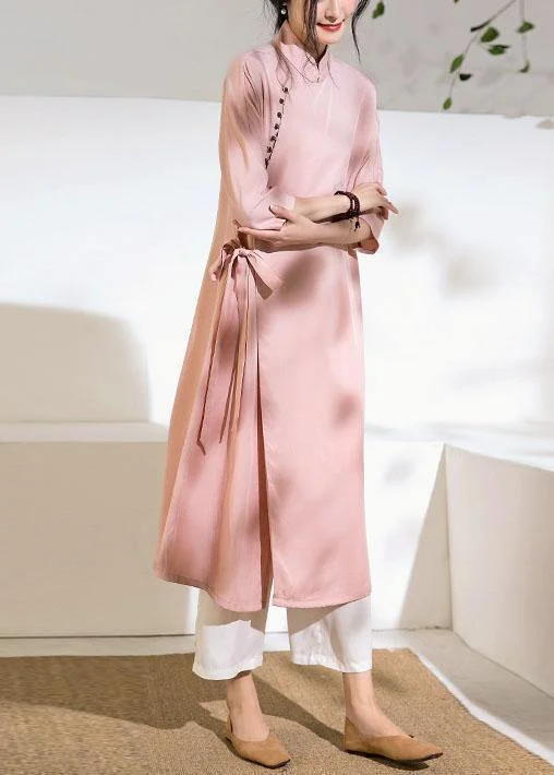 Price Cut chic shift dressChic pink Long Shirts stand collar tie waist Robe summer Dresses