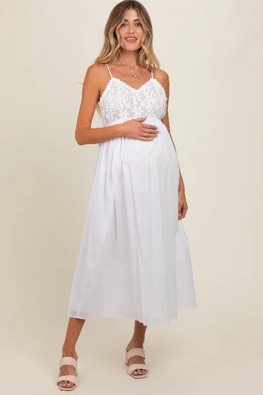 Don't Miss one-shoulder dressWhite Floral Crochet Contrast Maternity Midi Dress
