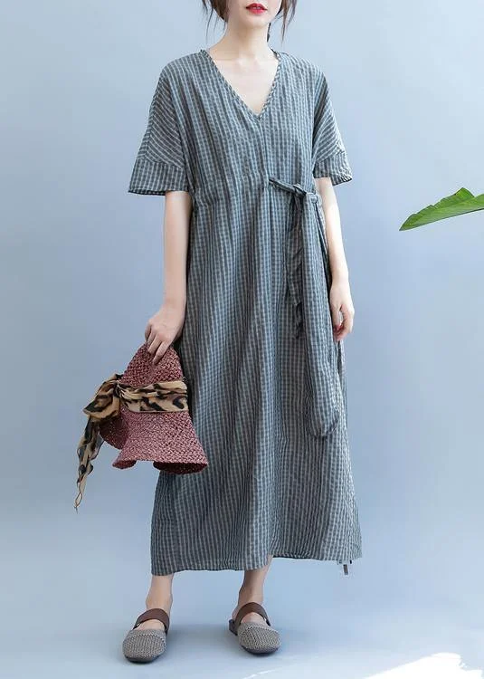 Final Sale winter dressLoose gray plaid clothes Women v neck drawstring Art summer Dress