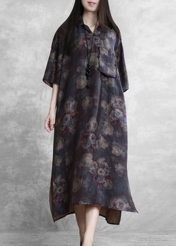 Holiday Sale casual midi dressModern lapel half sleeve summer Tunic Sleeve purple print Traveling Dresses