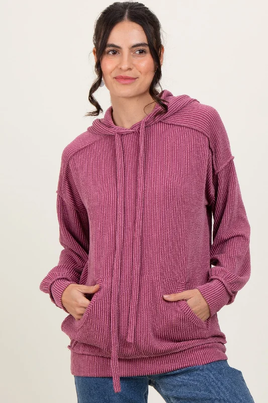 Deal Alert Mauve Ribbed Front Pocket Drawstring Hoodie