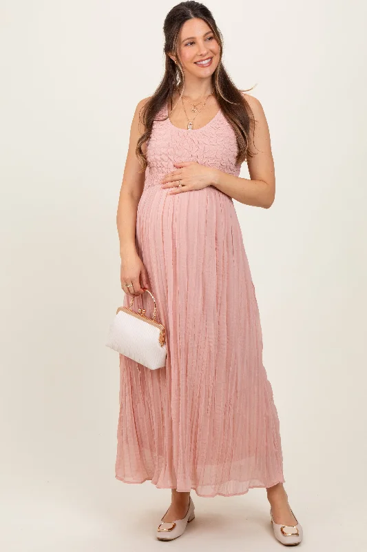 Markdowns vintage-inspired dressLight Pink Textured Smocked Bodice Sleeveless Maternity Maxi Dress