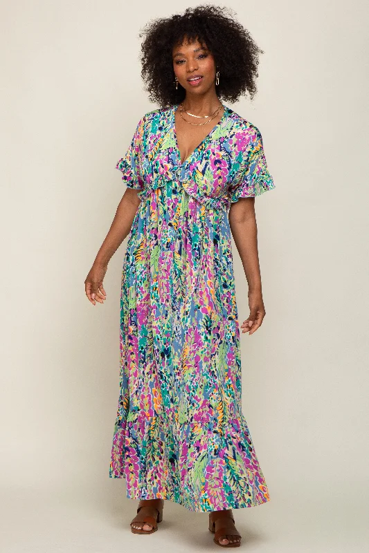 Online Exclusive knit dressBlue Multi-Color Floral Ruffle Maxi Dress