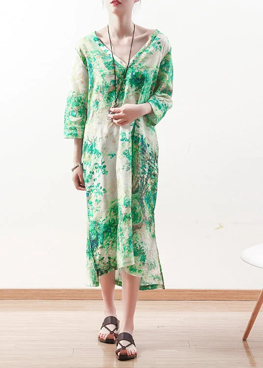 Exclusive Preview relaxed fit dressNatural green prints linen clothes Women Outfits v neck Maxi summer Dress