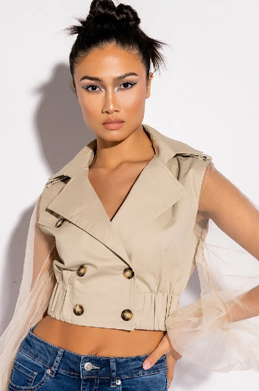 Massive Deals comfortable outerwearCROP TRENCH WITH TULLE ARMS