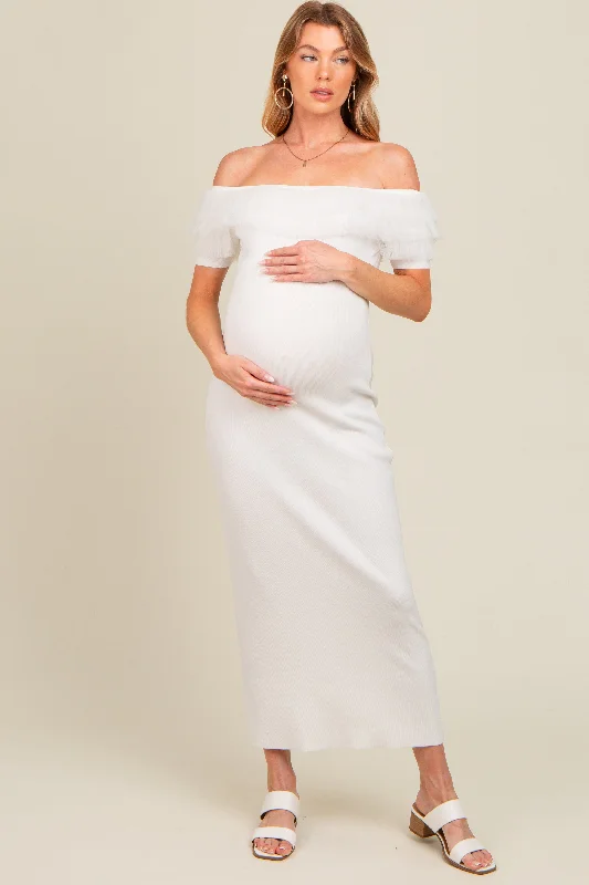 Online Only wool dressIvory Tulle Ruffle Off Shoulder Sweater Maternity Midi Dress