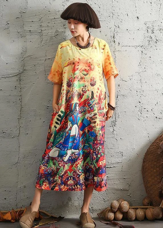 Sale Event structured dressModern short sleeve linen cotton Robes Fashion Ideas yellow prints Dresses summer