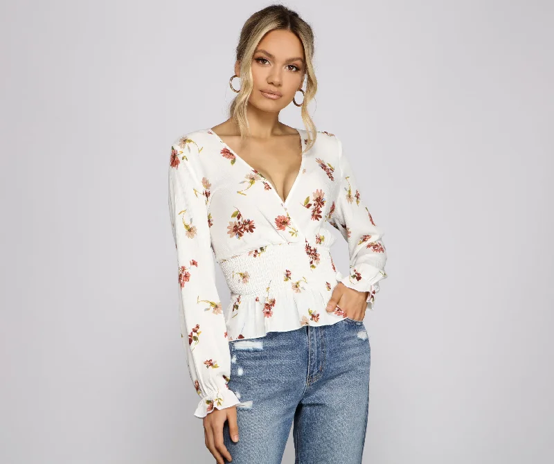 Deep Discounts Smocked Long Sleeve Floral Surplice Gauze Top