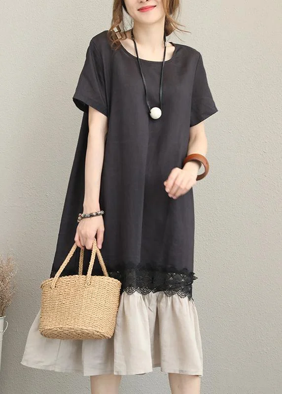 Don't Wait printed dressWomen o neck patchwork linen summer dress Tunic Tops black Dresses