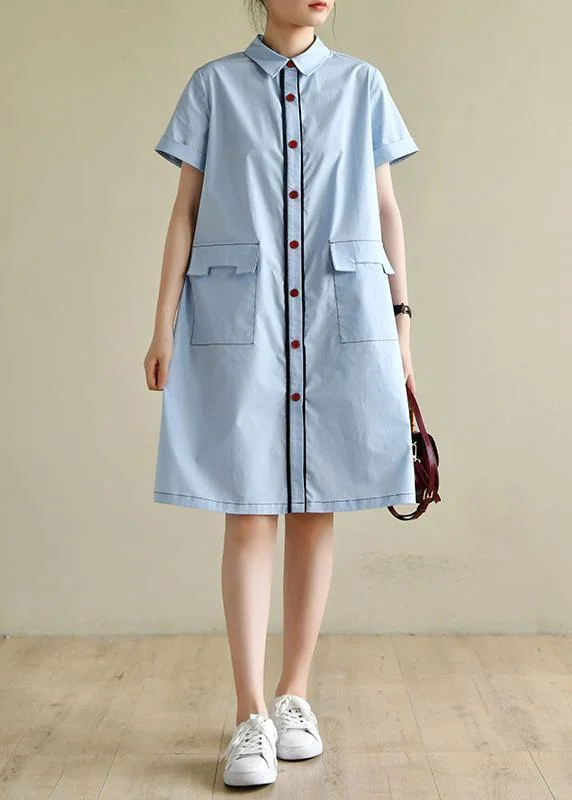 Amazing Deals summer dressLoose light blue dress silhouette lapel pockets box summer shirts