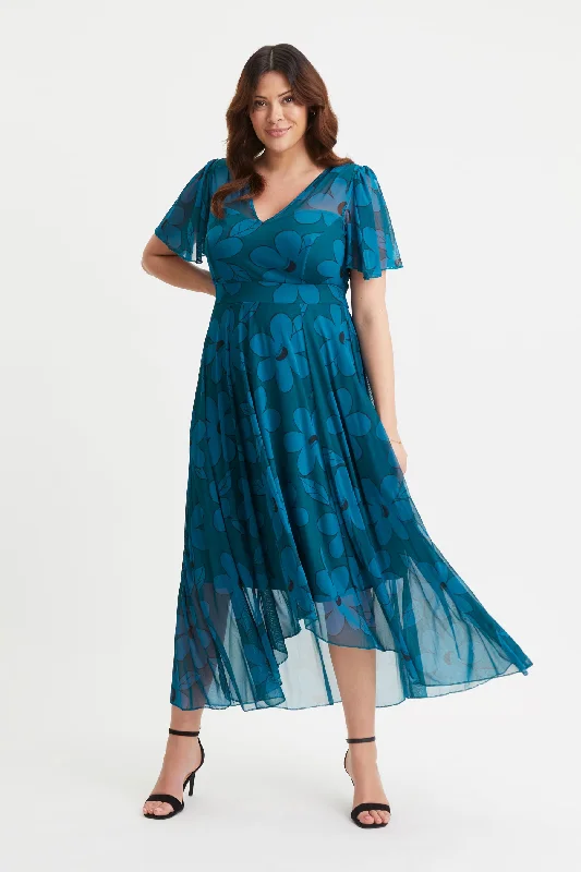 Midnight Sale velvet dressTilly Teal Flower Print Angel Sleeve Sweetheart Dress