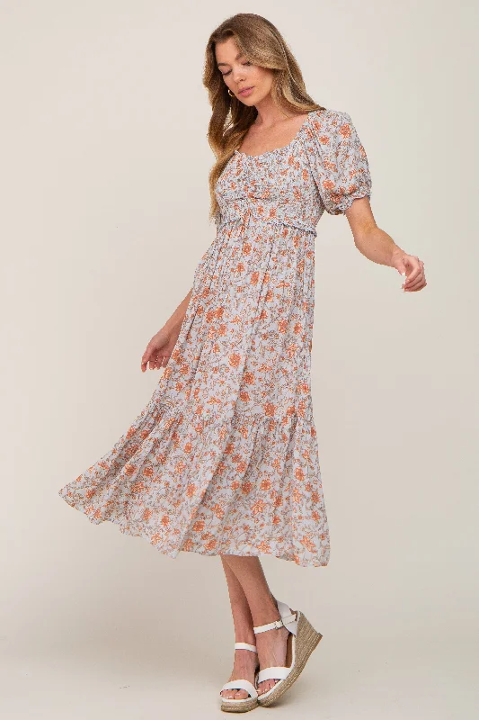 Overstock casual summer dressLight Blue Floral Smocked Sweetheart Neck Midi Dress