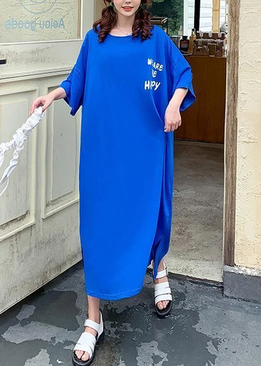 New Markdowns fitted bodycon dressDIY blue alphabet prints cotton Tunics side open Art summer Dresses