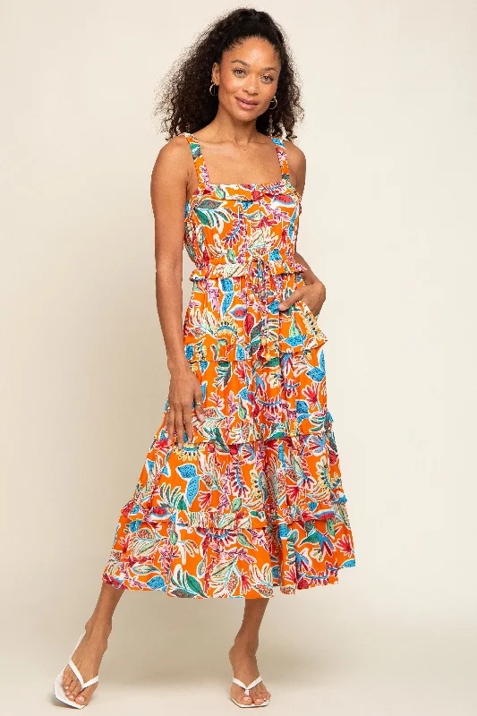 Midnight Sale party-ready dressOrange Multi-Color Floral Sleeveless Tiered Midi Dress