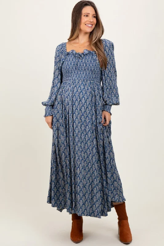 Deal Alert classic fit-and-flare dressBlue Damask Print Smocked Ruffle Accent Maternity Maxi Dress