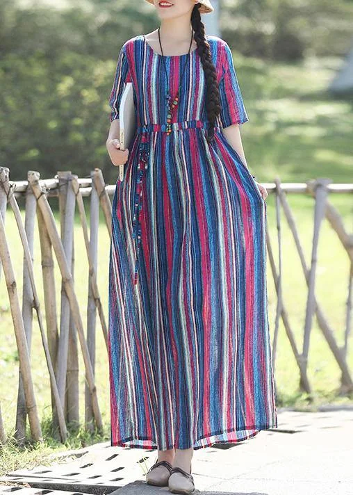 Value Deals modern dressLoose o neck Half sleeve linen cotton outfit 2024 Photography blue striped long Dresses Summer
