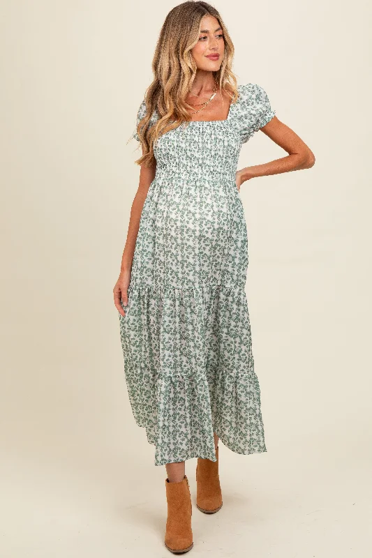 Shop and Save playful dressOlive Floral Puff Sleeve Smocked Maternity Maxi Dress
