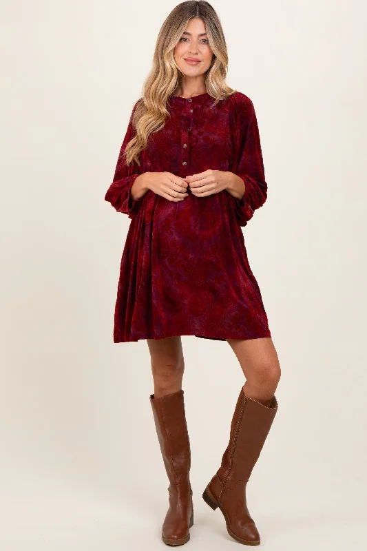 Exclusive Deal lace-up dressBurgundy Velvet Jacquard Button Up Maternity Dress
